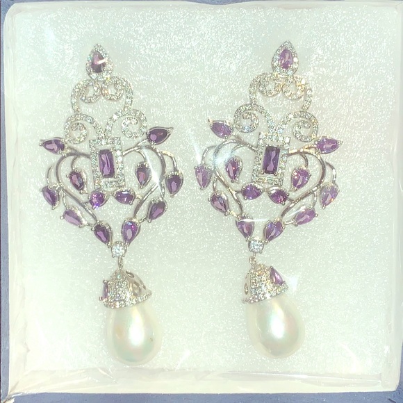 White shell pearl drop, amethyst, and white zircon drop earrings - Picture 1 of 4